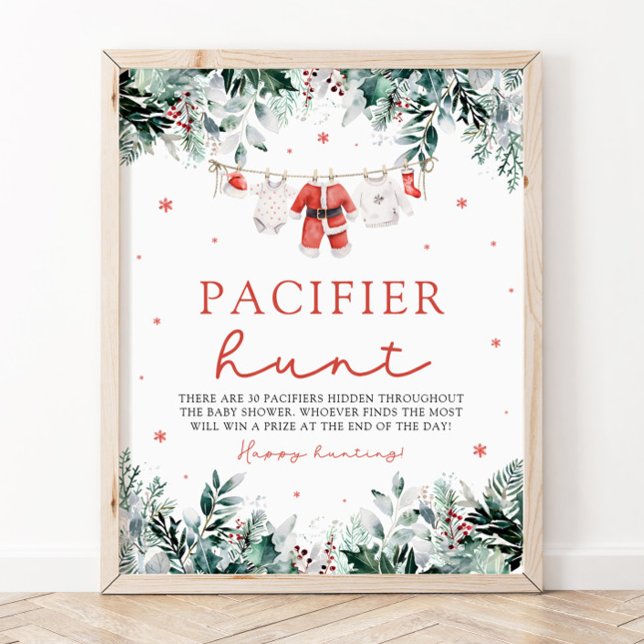Poster Papais noeis de Natal Vermelhos Chá de fraldas de  (Watercolor Red Christmas Santa Baby Pacifier Hunt Baby Shower Sign)