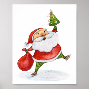 Poster Papais noeis de patinação Desenho em aquarela de