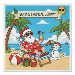Póster Papais noeis e boneco de neve na praia