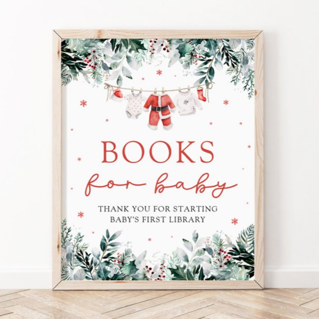 Poster Papais noeis Livros de Chás de fraldas de Natal pa (Watercolor Red Santa Gender Neutral Books for Baby Baby Shower Sign)