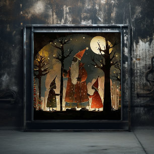 Poster Papais noeis Negras de Woodland Vermelha e Verde A