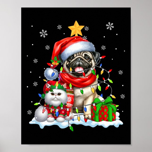 Poster Papais noeis Pug Com Elf Cat Luzes De Natal Crianç (Frente)