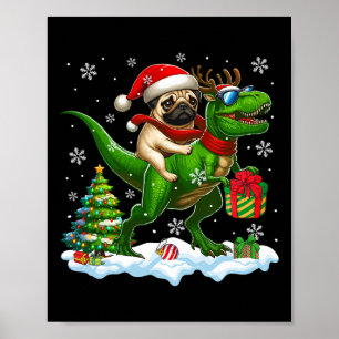 Poster Papais noeis Pug Riding Reindeer T-rex Crianças de