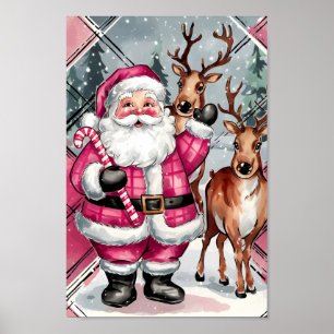 Poster Papais noeis Rosa Vintage Reindeer Muro de Natal