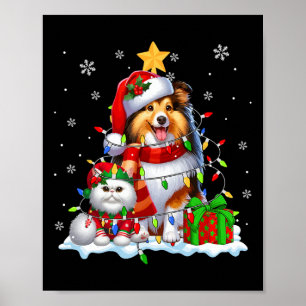 Poster Papais noeis Sheltie com Elf Cat Luzes de Natal Pr