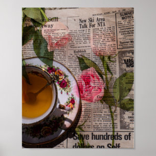 Poster Papel de carta antigo com chá e rosas cor-de-rosa