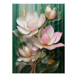 Póster Papel de Parede Florido Arte de Magnólia Japonesa
