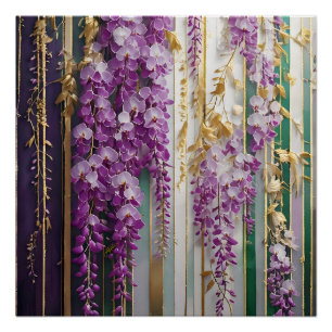 Póster Papel de Parede Florido Violeta Dourado Wisteria