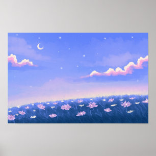 Poster Papel de parede kawaii fofo com jardim noturno