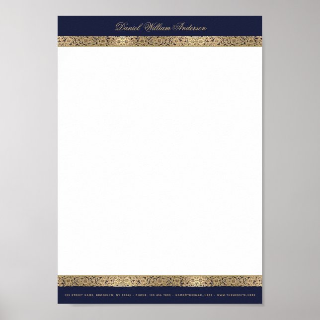 Poster Papel Timbrado A4 Azul Marinho e Dourado Elegante  (Frente)