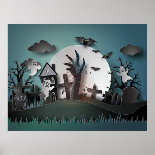 Poster Papercut Zombie Graveyard e Fantasmas