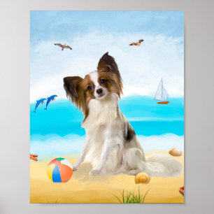 Poster Papillon Dog na Praia