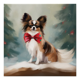 Póster Papillon Dog no Natal da Neve