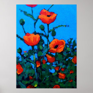 Póster Papoilas vermelhas brilhantes: Céu azul: Pintura