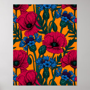 Poster Papoilas vermelhas e flores azuis em laranja