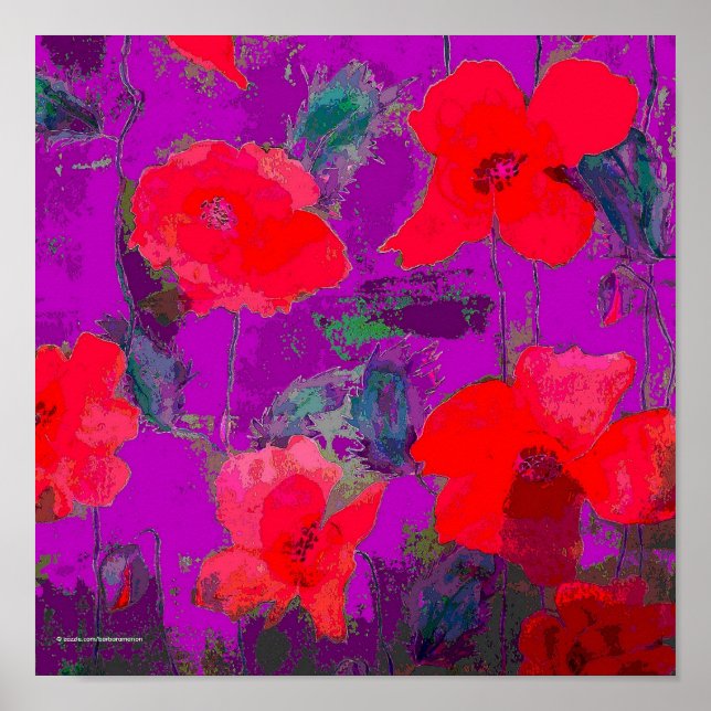Poster papoilas vermelhas em fundo roxo (Frente)
