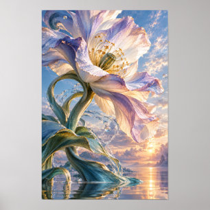 Poster Papoula Rosa Lavanda Gigante ao Pôr do Sol Fantasi