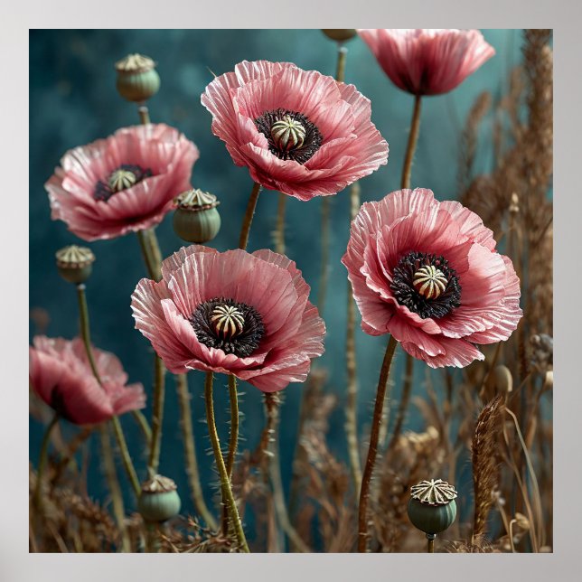 Poster Papoulas Rosa Vibrante em Flor (Frente)
