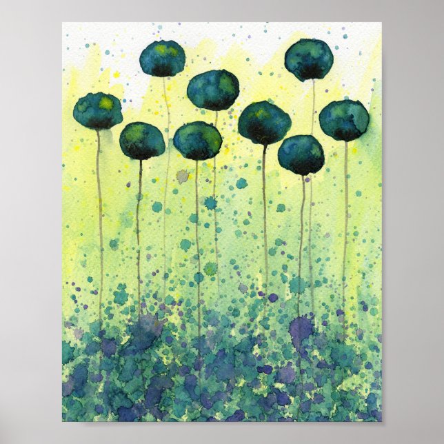 Poster Papoulas Turquesa e Chartreuse, Flores em Aquarela (Frente)