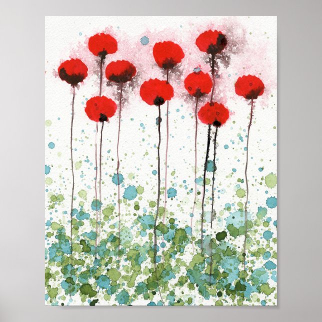 Poster Papoulas Vermelhas e Aquáticas, Flores em Aquarela (Frente)