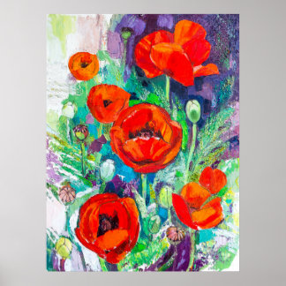 Poster Papoulas Vermelhas Vibrantes Pintura a Óleo Expres
