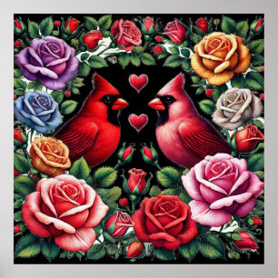 Poster Par de cardeais em meio a Rosas vibrantes