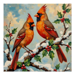Póster Par de Cardinals Vintage em um Ramo de Azevinho Ne