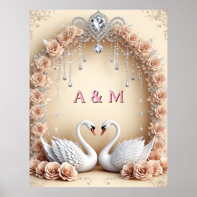 Poster Par de Cisnes Românticos sob Arco de Rosas de Casa (Frente)