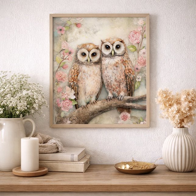 Poster Par de Corujas Românticas Floral Nature Cottage  (Cottagecore owl pair and pink floral-vintage wall art )