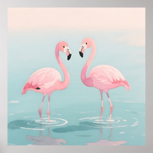 Poster Par de Flamingos Rosa Aquarela Serenidade