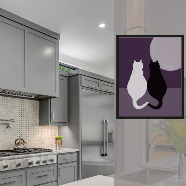 Poster Par de Gato Preto e Branco Par Púrpura Azul Noite (Cute Black & White Cat Pair Purple-Blue Night Poster)