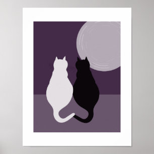 Poster Par de Gatos Preto e Branco Fofo Noite Roxo-Azul