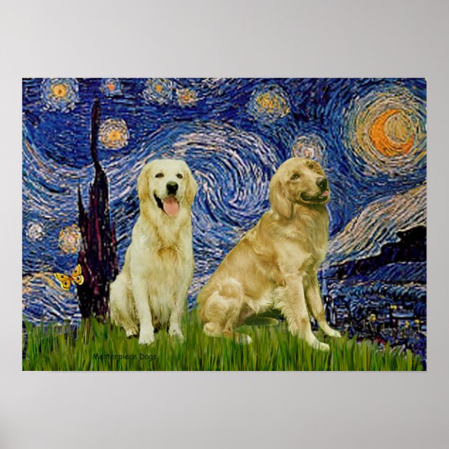 Póster Par de Golden Retriever 3 - Noite Estrelada (Frente)