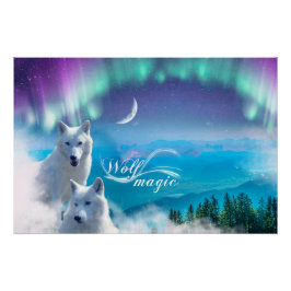 Póster Par de lobos brancos com luzes nortes