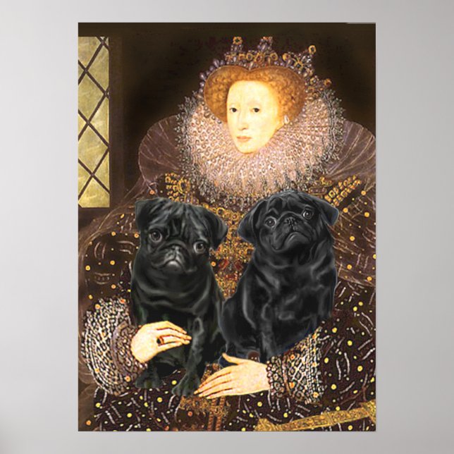Póster Par de Pug (preto) - Rainha (Frente)