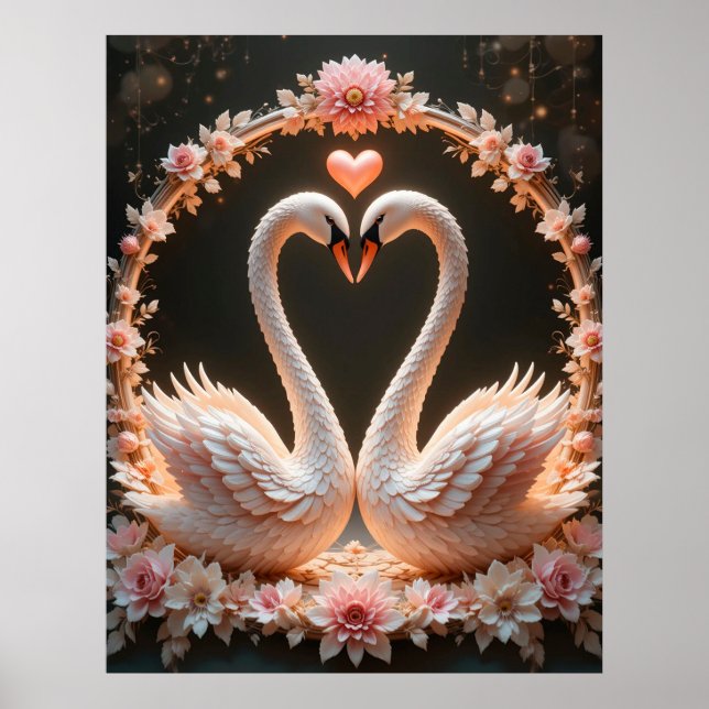 Poster Par Romântico de Cisnes Elegantes Entre Flores Ros (Frente)