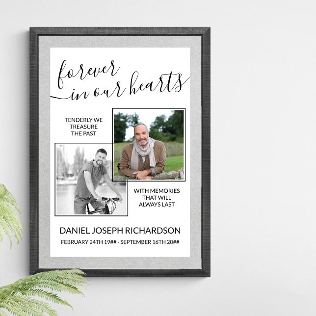 Poster Para sempre em nosso coração Foto Memorial Persona (Funeral memorial poster to order professionally printed or as a printable digital download)