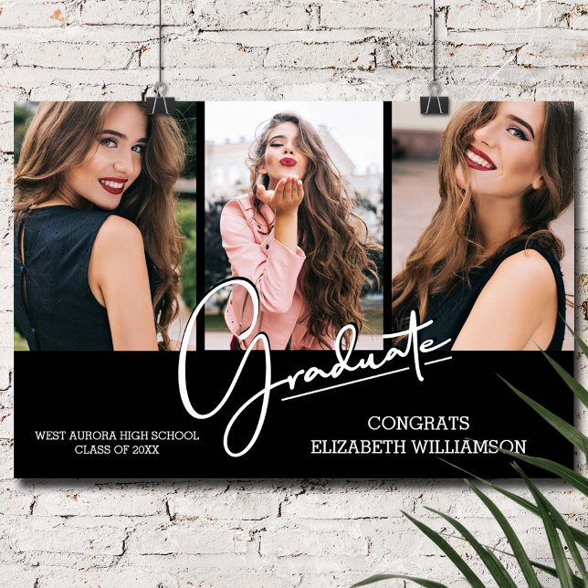 Poster Parabéns de graduação Black Modern 3 Photo (Graduation Congratulations 3 Photos on Black Poster, INSTANT DOWNLOAD and/or POSTER)