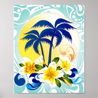 Poster Paraíso de Palmeiras Tropicais com Flor de Plumeri