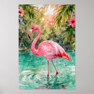 Poster Paraíso Floral de Flamingo Rosa Aquarela Tropical