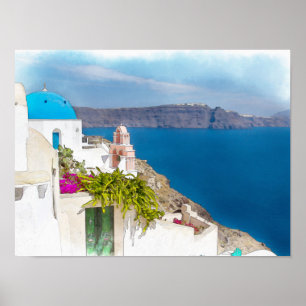 Póster Paraíso Grecian. Pintura da aguarela de Santorini