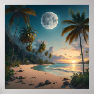 Poster paraíso tropical à noite, com palmeiras