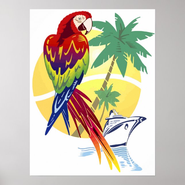 Póster Paraíso Tropical com Macaw e navio de cruzeiro (Frente)