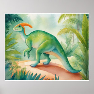 Poster Parasauralophus Watercolor Dinosaur Nursey Art