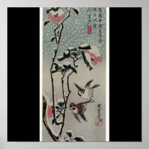 Póster Pardais e camélias na neve cerca dos 1830's