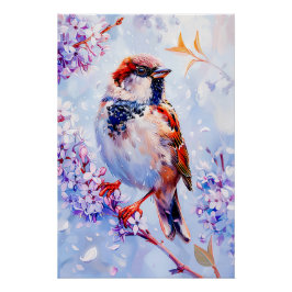 Póster Pardal em um Galho Arte Impressionista