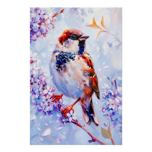 Póster Pardal em um Galho Arte Impressionista