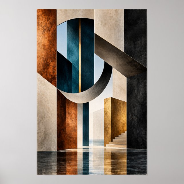 Poster Parede Abstrata de Arquitetura Geométrica em Bronz (Frente)
