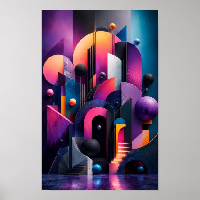 Poster Parede Abstrata Geométrica 3D Neon (Frente)