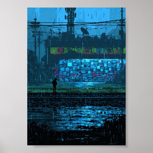 Poster Parede Ciberpunk de Arte Pixel Retro (Frente)